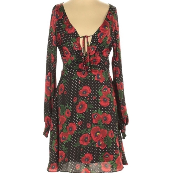 Free People Rouched Love FLORAL red Ruffle mini long sleeve dress - Picture 4 of 10